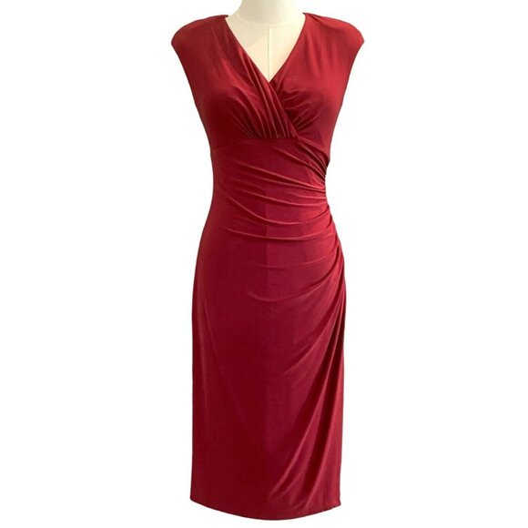 Lauren Ralph Lauren Sleeveless Faux Wrap Ruched Chili Pepper Red Dress Size 8 - Picture 3 of 7